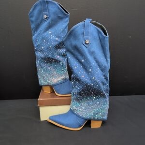 Women's Rhinestone Western Denim Cowboy Pointed Toe Boots US 6 Blue Bling